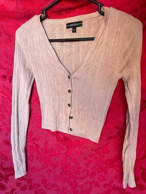 Guess Ribbed Knit Button Front Crop Cardigan Tan Beige XS